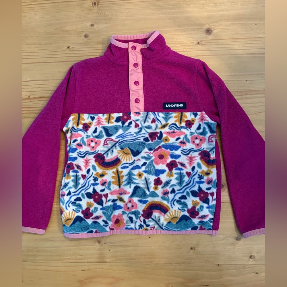 Lands' End Kids' heritage fleece snap neck pullover kids XS 4-5 cozylayer floral